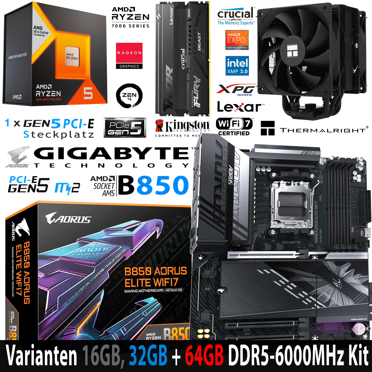 PC-Bundle - AMD Ryzen 7 7800X3D Tray - ASRock B650 Steel Legend WiFi - 16GB Lexar oder Kingston DDR5-6000 Dual Kit