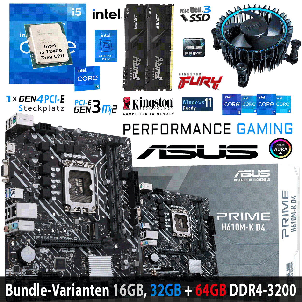PC Bundle - Intel Core i5 12400 Tray - ASUS Prime H610M-K D4 - 16GB Fury Beast DDR4-3200MHz Kit schwarz