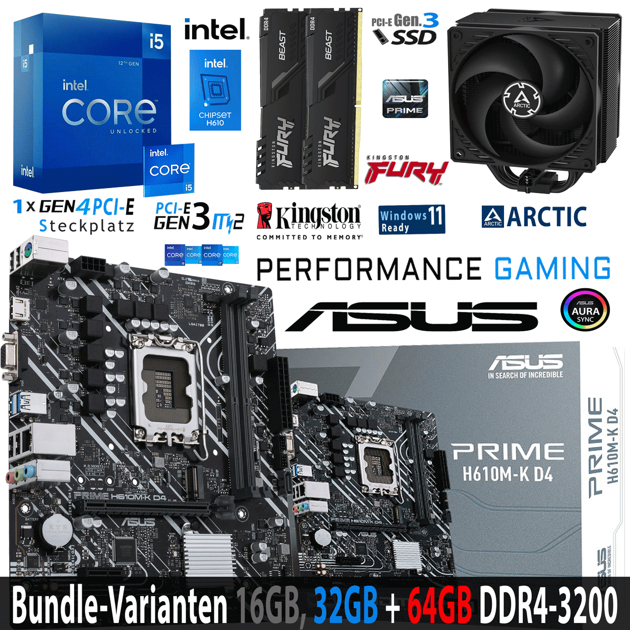 PC Bundle - Intel Core i5 12600K - ASUS Prime H610M-K D4 - 16GB Fury Beast DDR4-3200MHz Kit schwarz