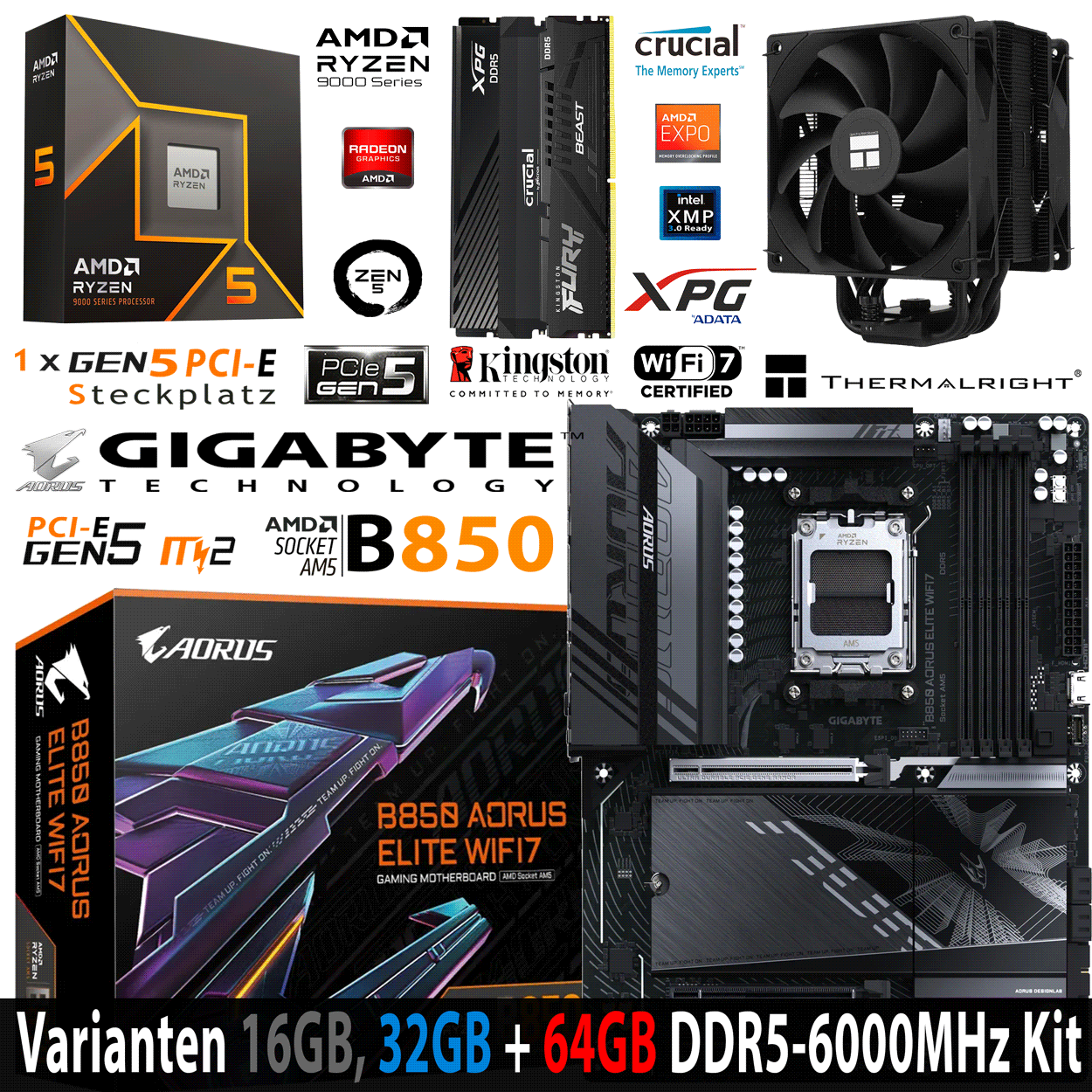 PC Bundle - AMD Ryzen 5 9600X - Gigabyte B850 Aorus Elite Wifi7- 16GB Kingston Fury Beast DDR5-6000 Kit