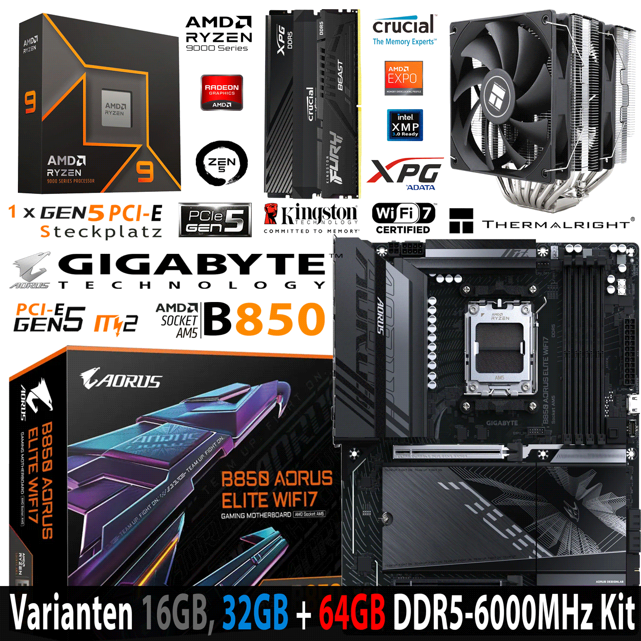 PC Bundle - AMD Ryzen 9 9900X - Gigabyte B850 Aorus Elite Wifi7- 16GB Kingston Fury Beast DDR5-6000 Kit