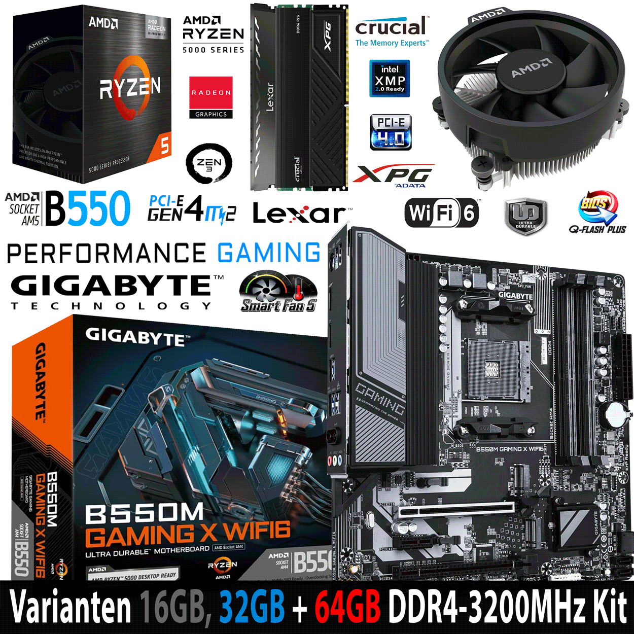 PC Bundle - AMD Ryzen 5 5500GT - Gigabyte  B550M Gaming X Wifi6 - 16GB DDR4-3200 Dual Kit schwarz