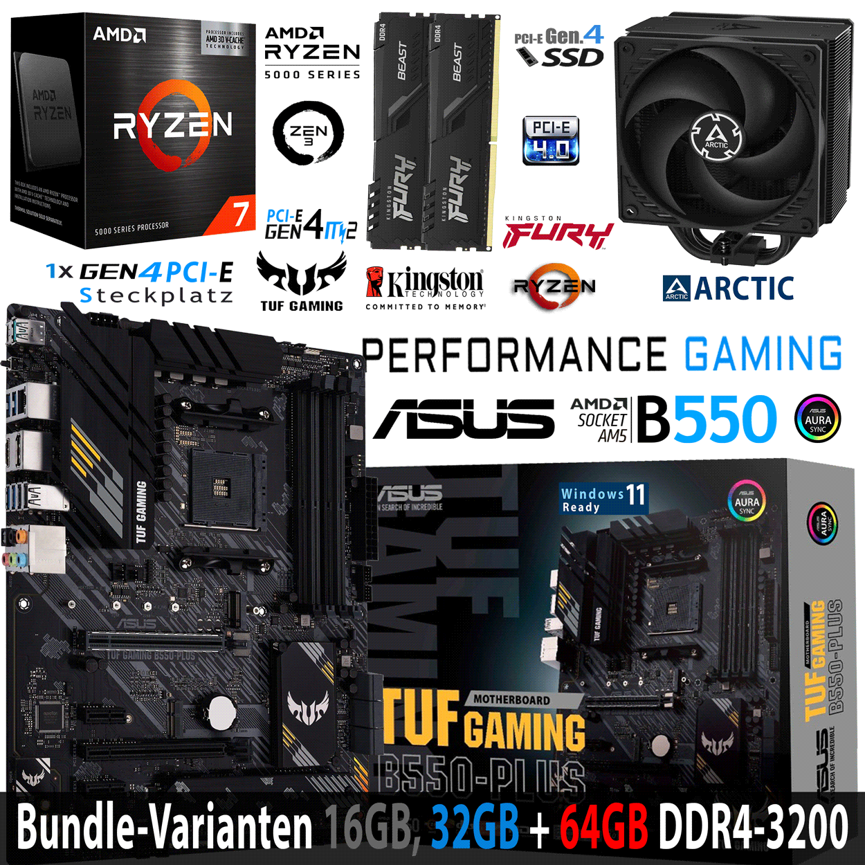 PC Bundle - AMD Ryzen 7 5700X3D - ASUS TUF GAMING B550-PLUS - 16GB DDR4-3200 Dual Kit schwarz