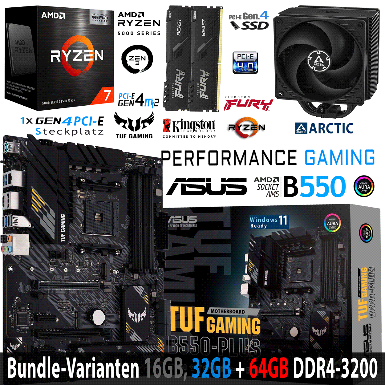 PC Bundle - AMD Ryzen 7 5700X3D - ASUS TUF GAMING B550-PLUS - 16GB DDR4-3200 Dual Kit schwarz PC Bundle - AMD Ryzen 7 5700X3D - ASUS TUF GAMING B550-PLUS - 16GB DDR4-3200 Dual Kit schwarz