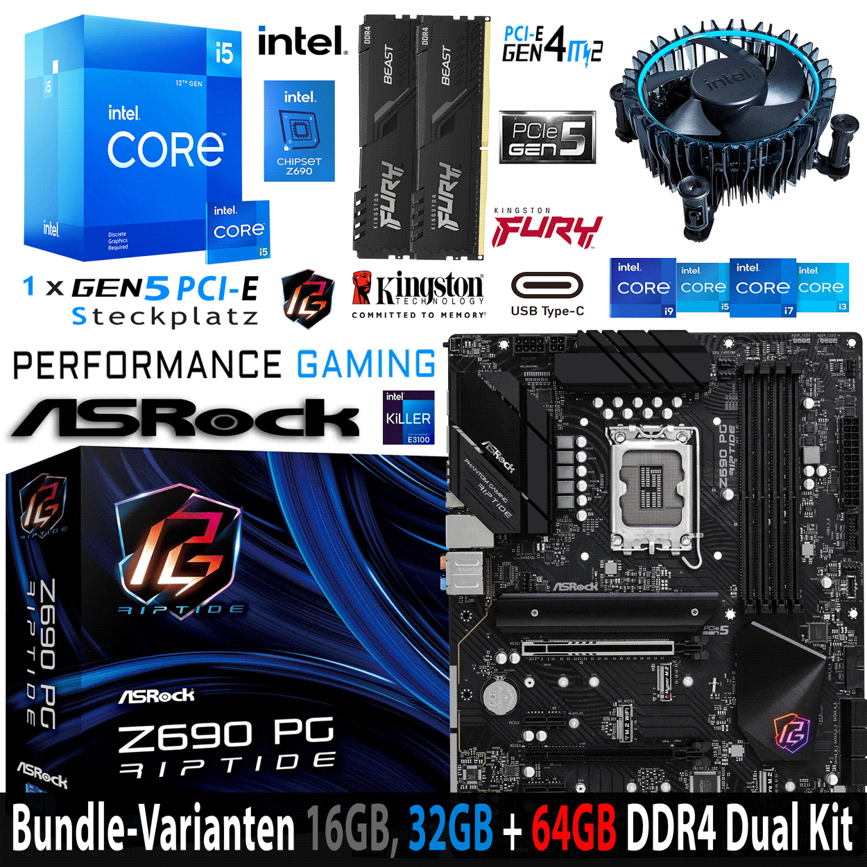 PC Bundle - Intel Core i5 12400F - ASRock Z690 PG Riptide DDR4 - 16GB Fury Beast DDR4-3200MHz Dual Kit