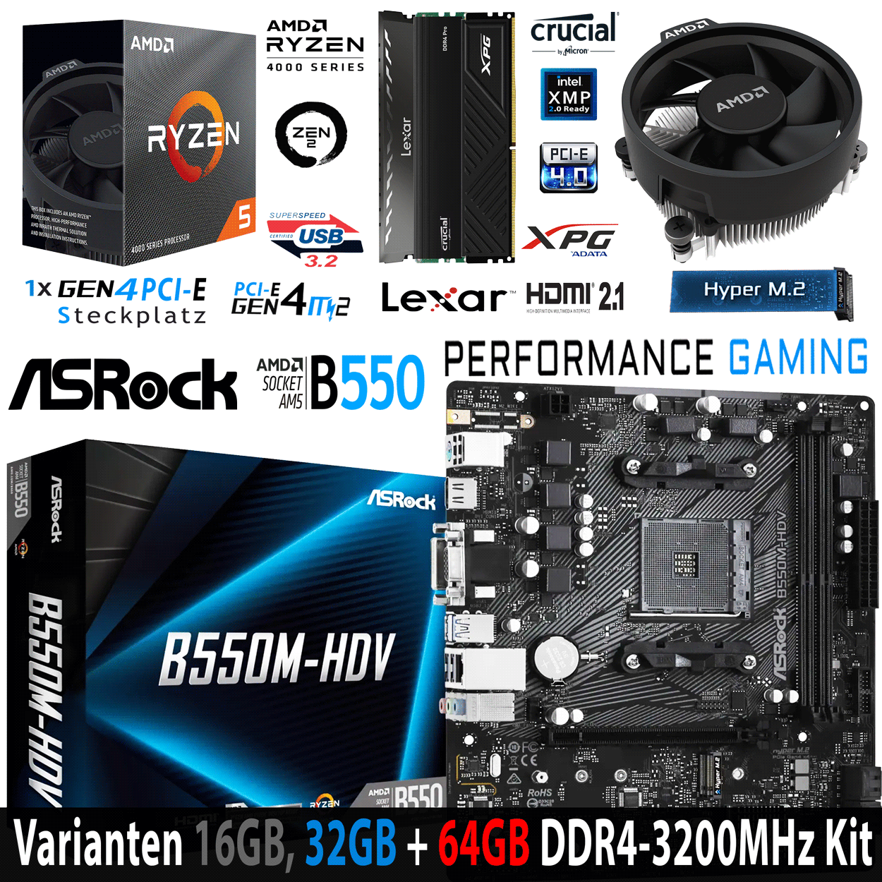 PC Bundle - AMD Ryzen 5 4500 Box - ASRock B550M-HDV DDR4 Mainboard - 16GB DDR4-3200 Kit