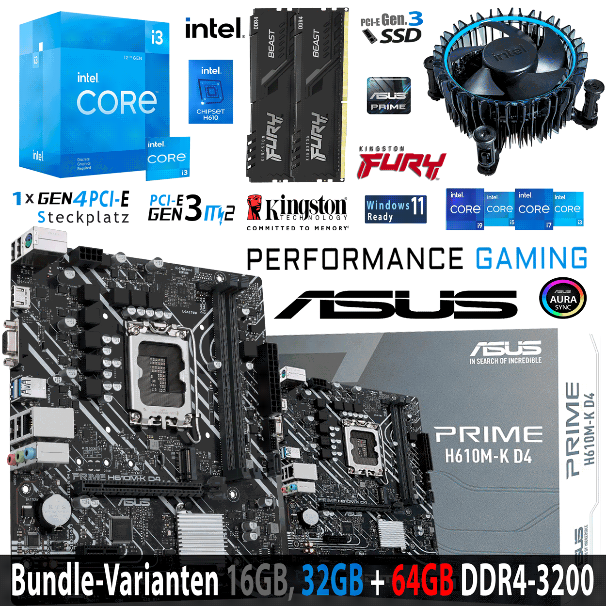 PC Bundle - Intel Core i3 12100F - ASUS Prime H610M-K D4 - 16GB Fury Beast DDR4-3200MHz Kit schwarz