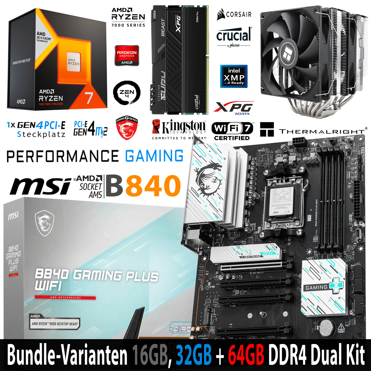 PC Bundle - AMD Ryzen 7 7800X3D - MSI B840 Gaming Plus Wifi7 - 16GB Kingston Fury Beast DDR4-3200 Kit