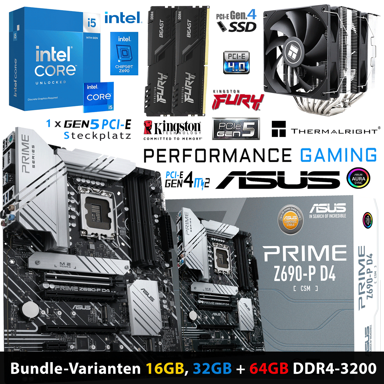 PC Bundle - Intel Core i5 14600KF - ASUS PRIME Z690-P D4-CSM - 16GB Fury Beast DDR4-3200MHz Dual Kit schwarz