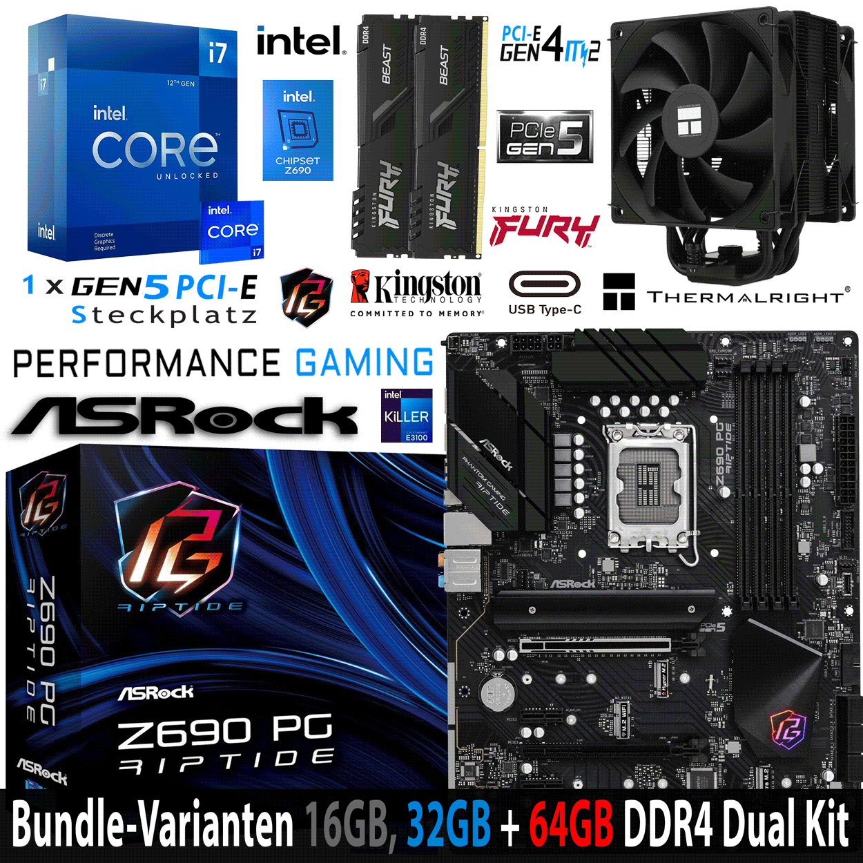 PC Bundle - Intel Core i7 12700KF - ASRock Z690 PG Riptide DDR4 - 16GB Fury Beast DDR4-3200MHz Dual Kit