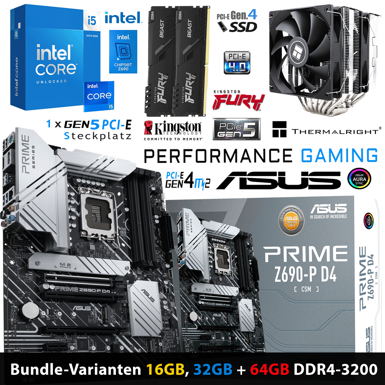 PC Bundle - Intel Core i5 14600K - ASUS PRIME Z690-P D4-CSM - 16GB Fury Beast DDR4-3200MHz Dual Kit schwarz