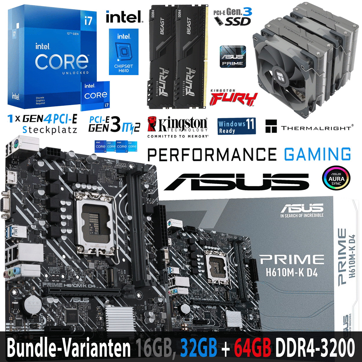 PC Bundle - Intel Core i7 12700KF - ASUS Prime H610M-K D4 - 16GB Fury Beast DDR4-3200MHz Kit schwarz