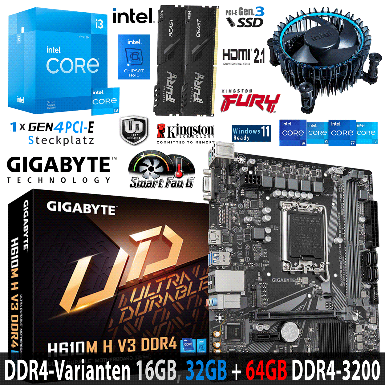 PC Bundle - Intel Core i3 12100F - Gigabyte H610M H V3 DDR4 - 16GB Fury Beast DDR4-3200MHz Kit schwarz