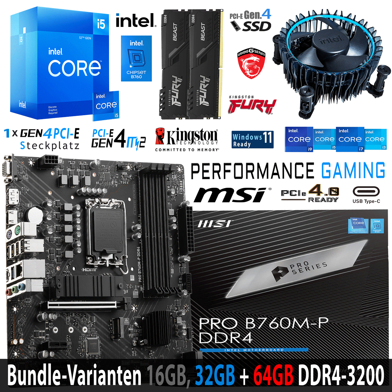 PC Bundle - Intel Core i5 12400F - MSI PRO B760M-P DDR4 - 16GB Fury Beast DDR4-3200MHz Kit schwarz