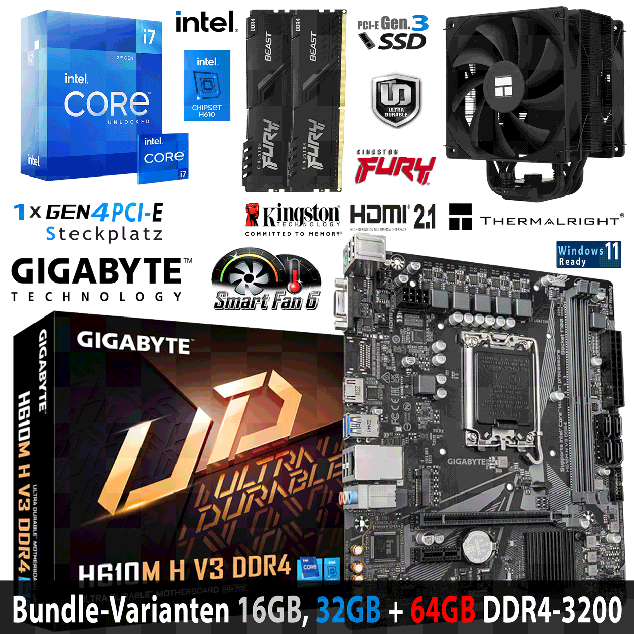 PC Bundle - Intel Core i7 12700K - Gigabyte H610M H V3 DDR4 - 16GB Fury Beast DDR4-3200MHz Kit schwarz