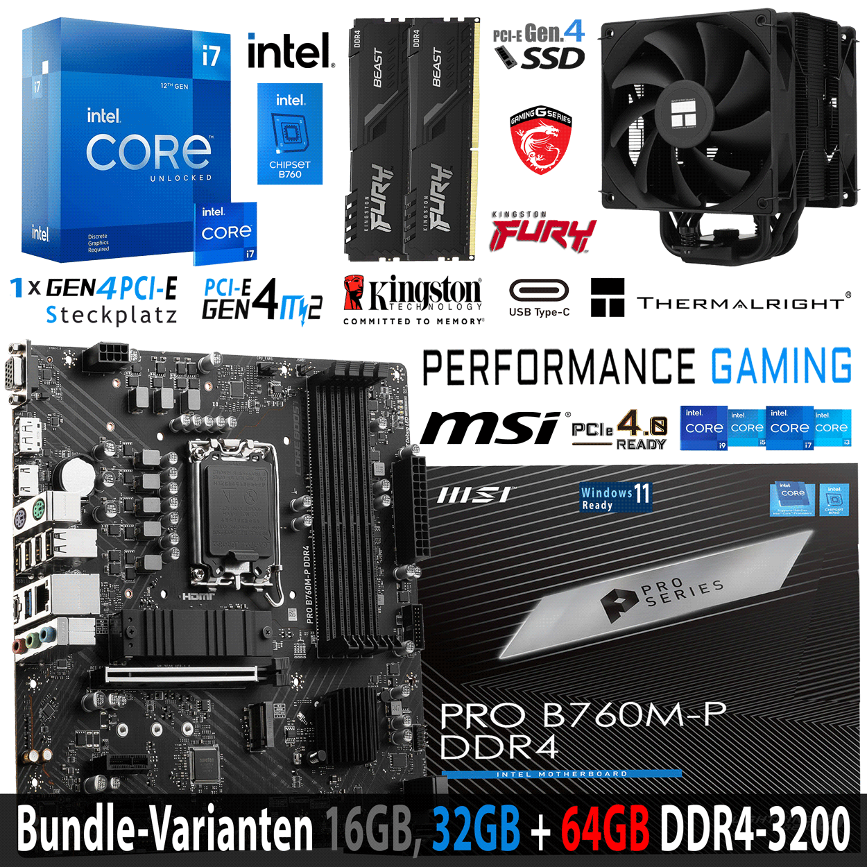 PC Bundle - Intel Core i7 12700KF - MSI PRO B760M-P DDR4 - 16GB Fury Beast DDR4-3200MHz Kit schwarz