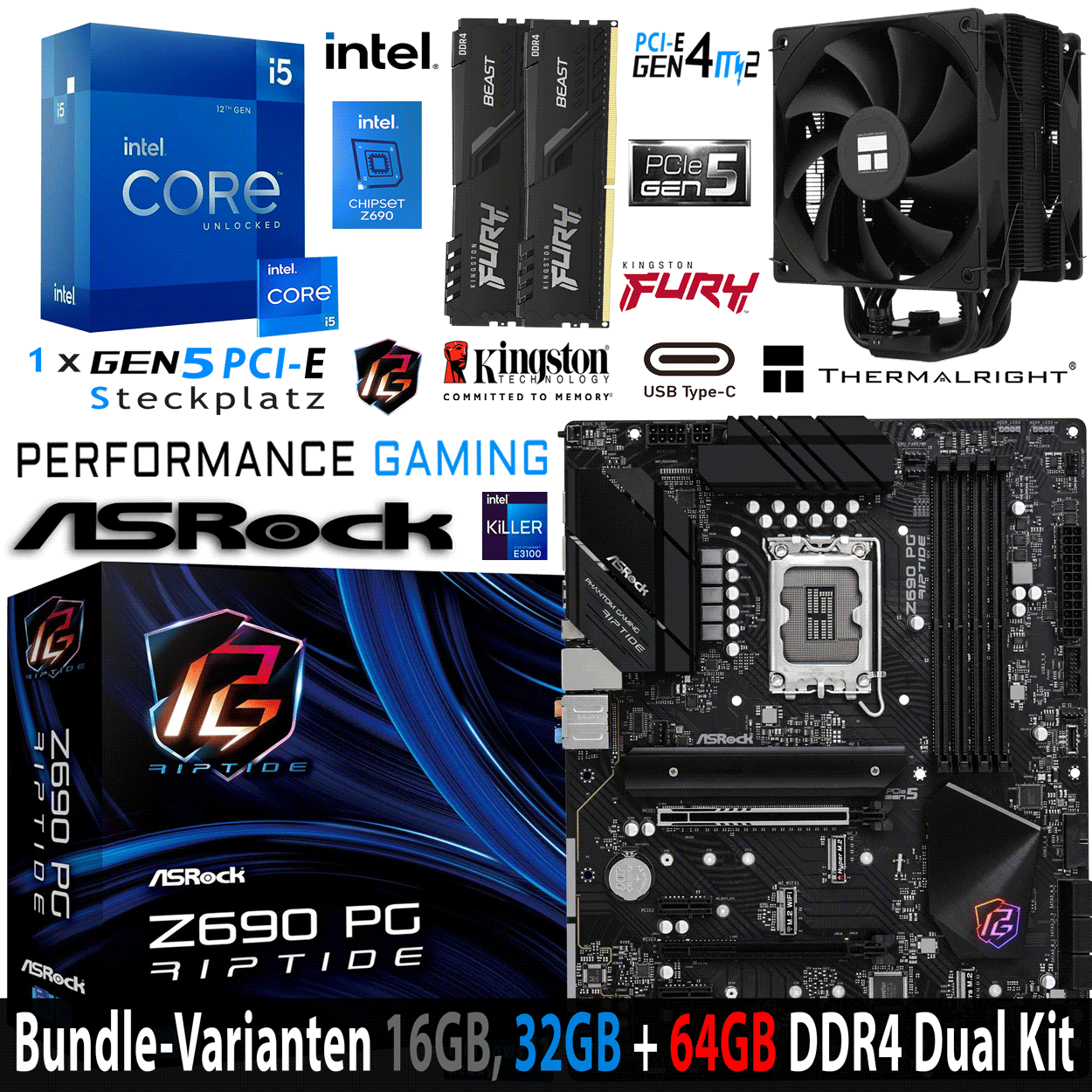 PC Bundle - Intel Core i5 12600K - ASRock Z690 PG Riptide DDR4 - 16GB Fury Beast DDR4-3200MHz Dual Kit