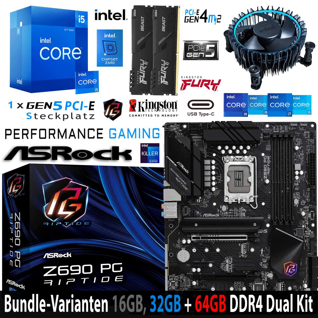 PC Bundle - Intel Core i5 12400 - ASRock Z690 PG Riptide DDR4 - 16GB Fury Beast DDR4-3200MHz Dual Kit