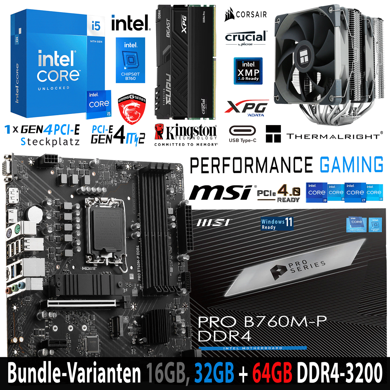PC Bundle - Intel Core i5 14600K - MSI PRO B760M-P DDR4 - 16GB Fury Beast DDR4-3200MHz Kit schwarz