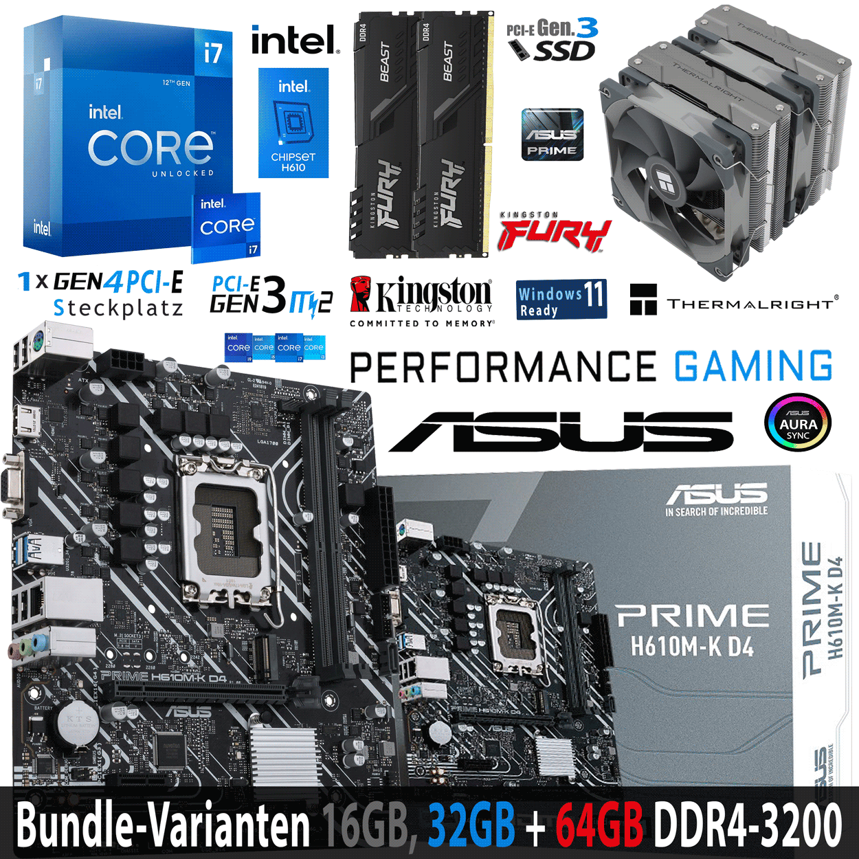 PC Bundle - Intel Core i7 12700K - ASUS Prime H610M-K D4 - 16GB Fury Beast DDR4-3200MHz Kit schwarz