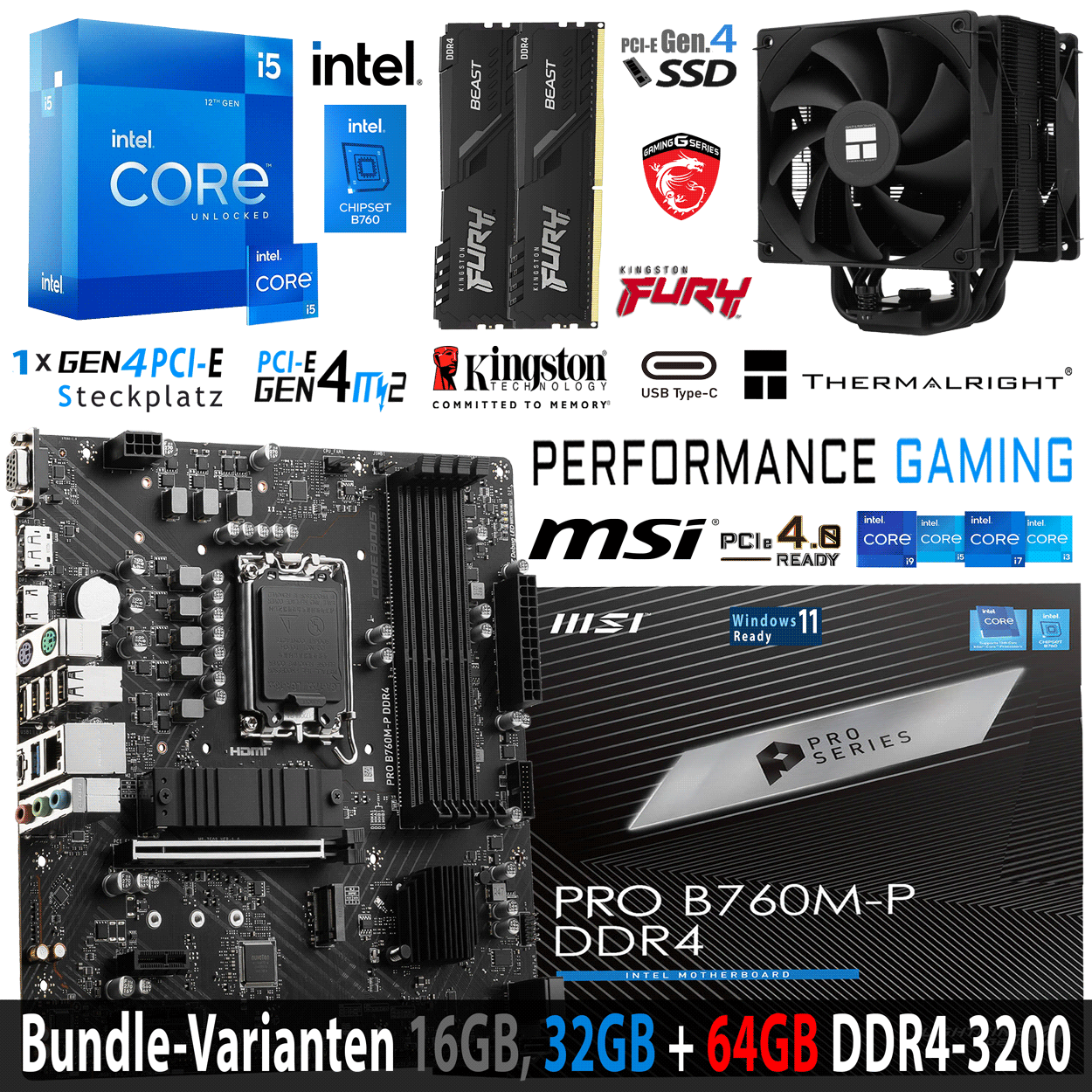 PC Bundle - Intel Core i5 12600K - MSI PRO B760M-P DDR4 - 16GB Fury Beast DDR4-3200MHz Kit schwarz