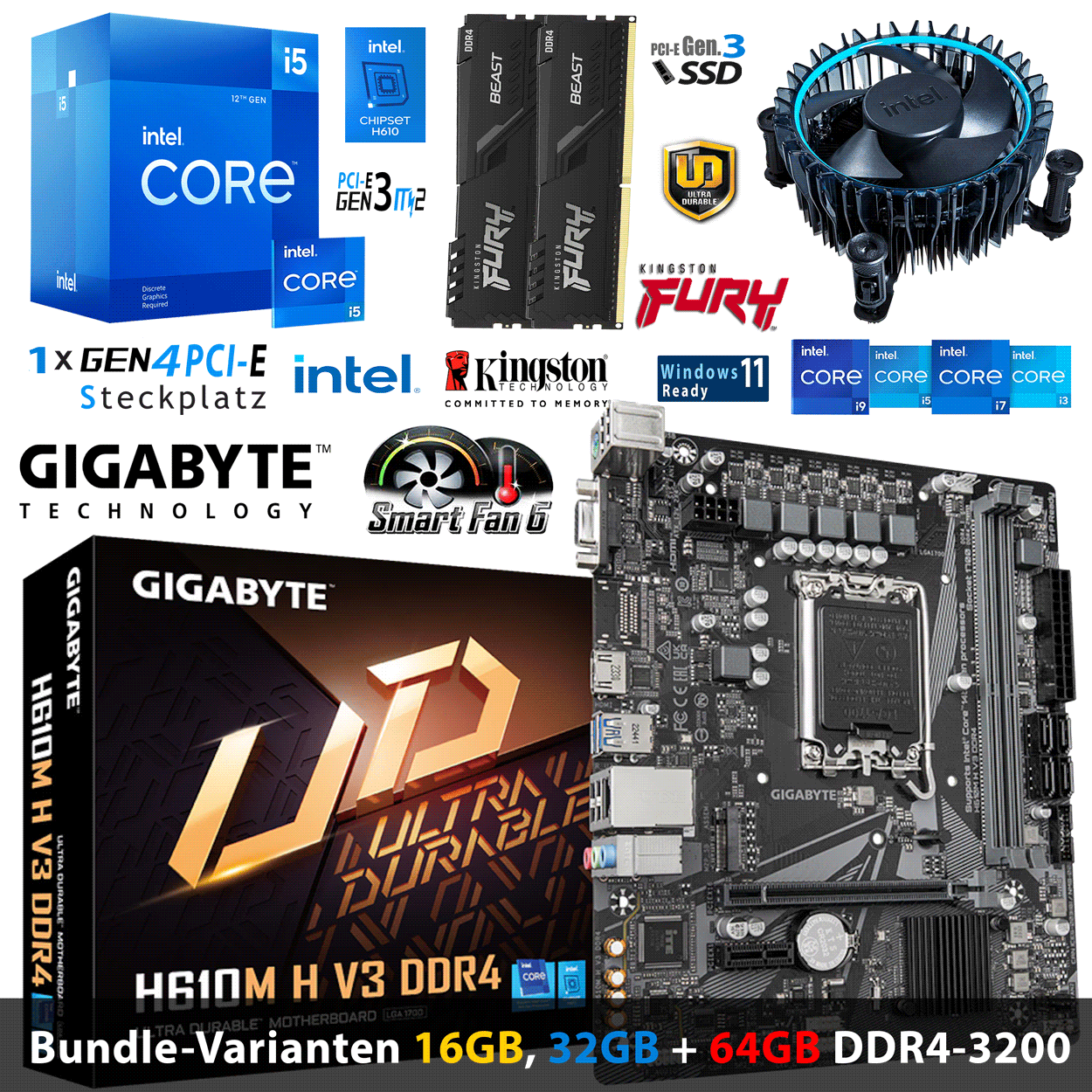 PC Bundle - Intel Core i5 12400F - Gigabyte H610M H V3 DDR4 - 16GB Fury Beast DDR4-3200MHz Kit schwarz