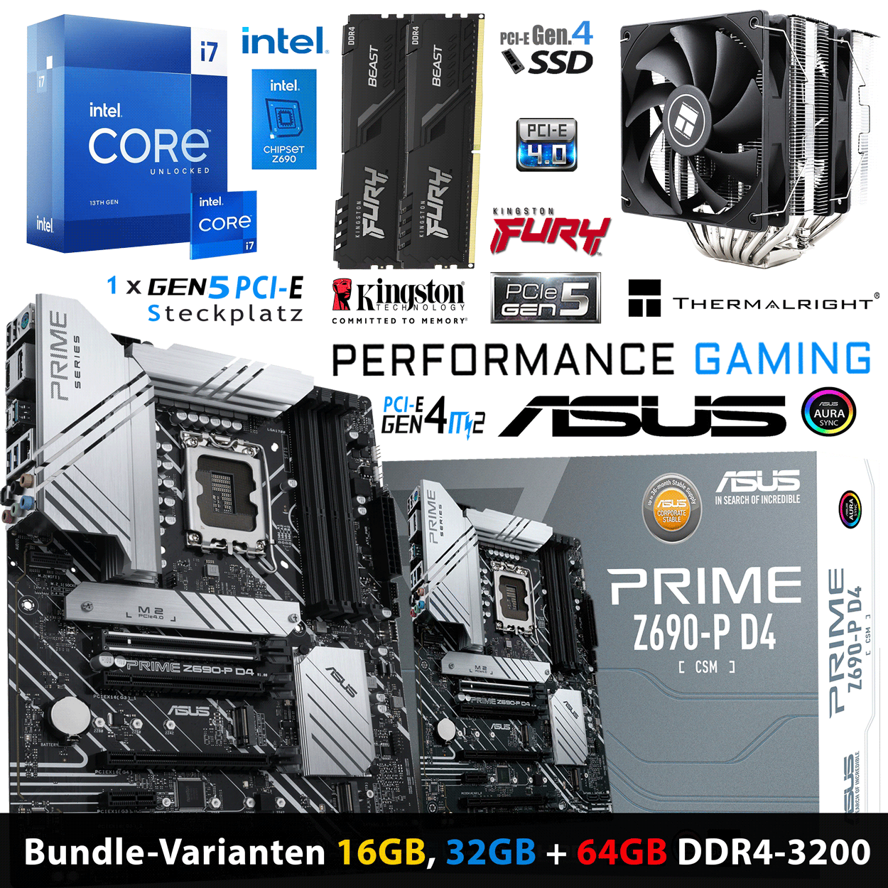 PC Bundle • Intel Core i7 13700K • ASUS PRIME Z690-P D4-CSM • 16GB Fury BeastDDR4-3200MHz Dual Kit schwarz