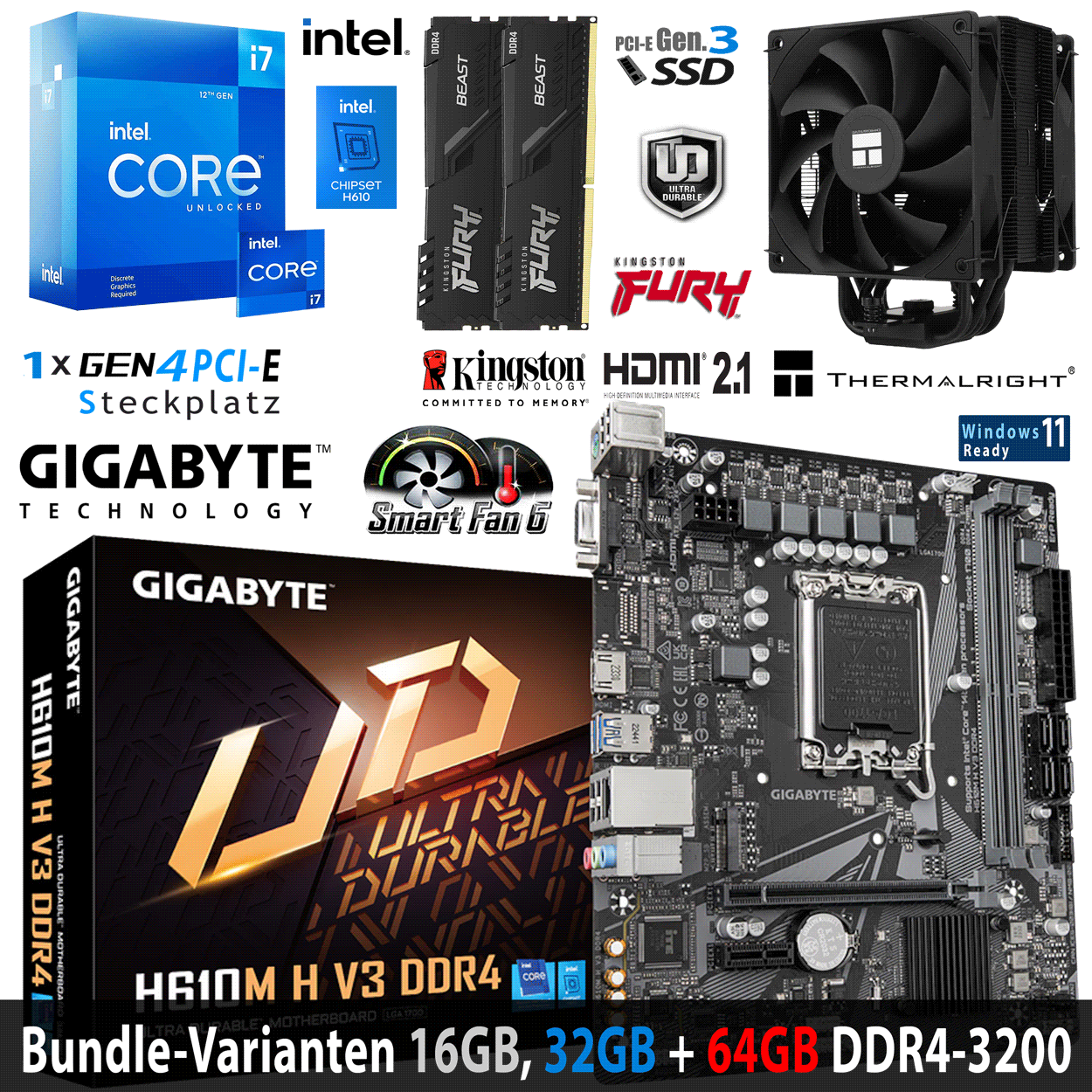 PC Bundle - Intel Core i7 12700KF - Gigabyte H610M H V3 DDR4 - 16GB Fury Beast DDR4-3200MHz Kit schwarz