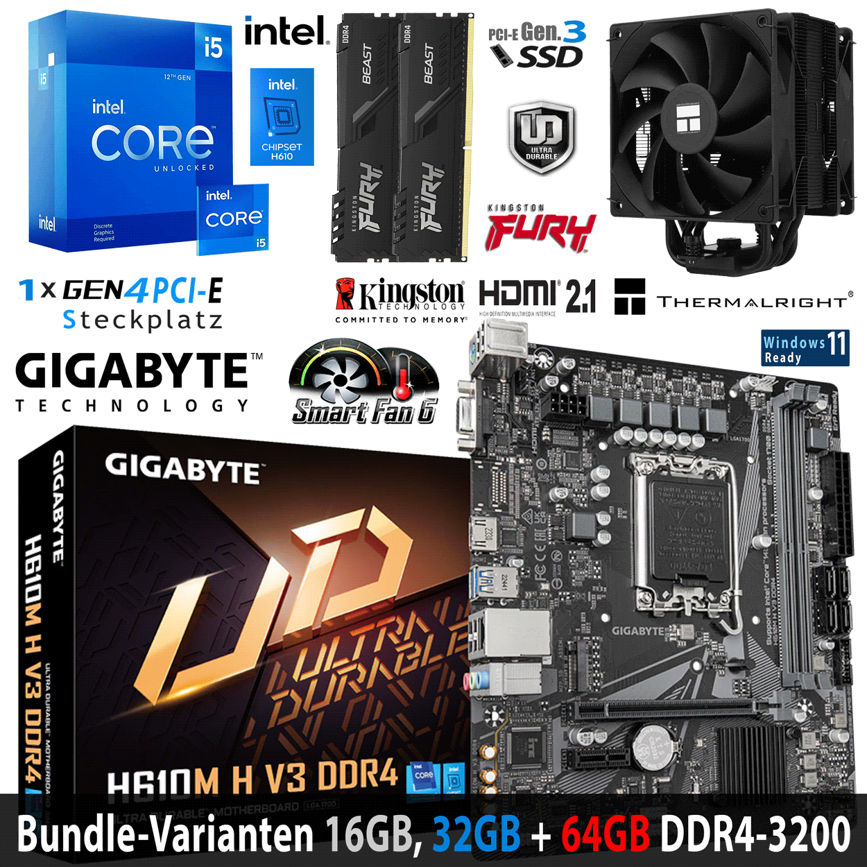 PC Bundle - Intel Core i5 12600KF - Gigabyte H610M H V3 DDR4 - 16GB Fury Beast DDR4-3200MHz Kit schwarz