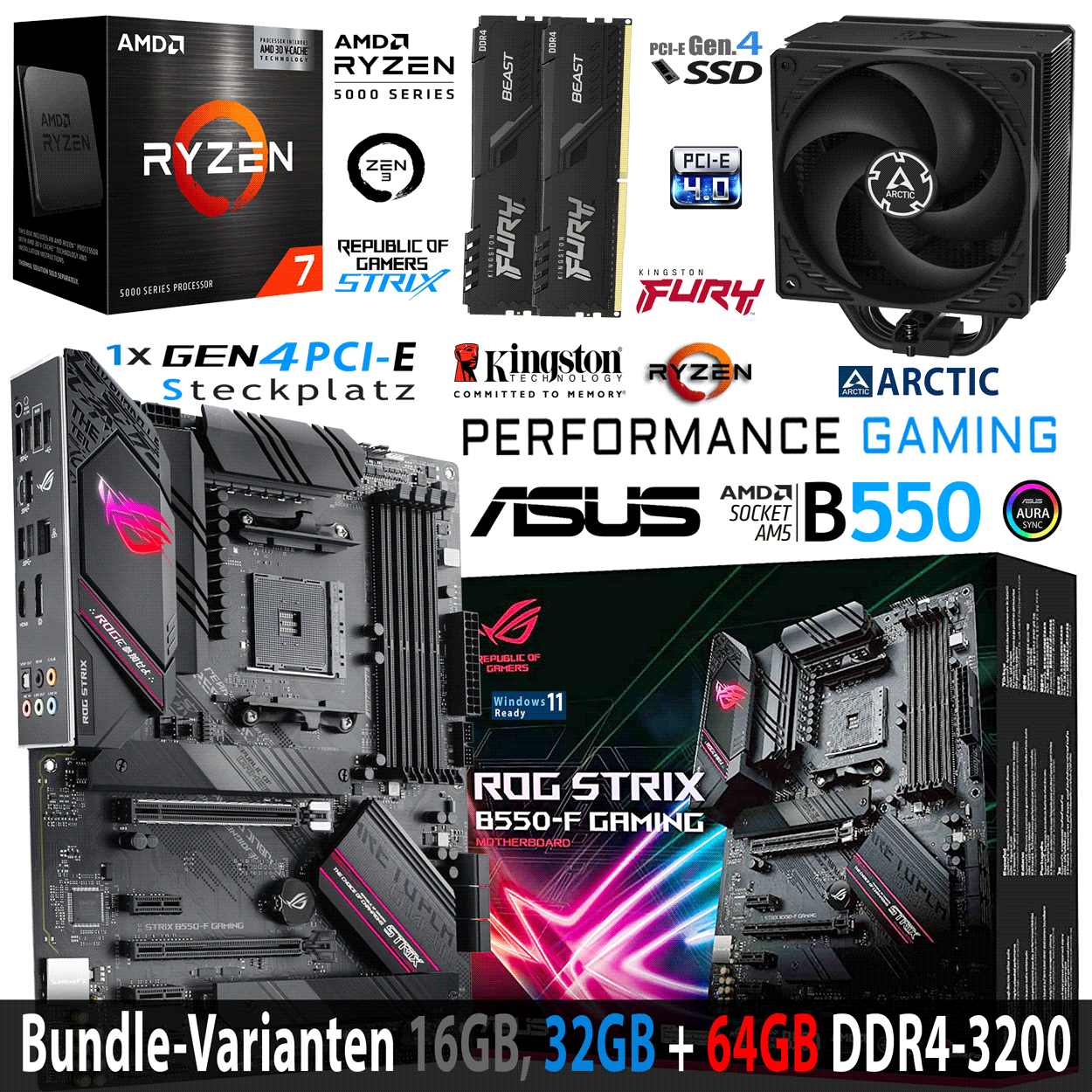 PC Bundle • AMD Ryzen 7 5800X • Asus Rog Strix B550-F Gaming • 16GB DDR4-3200 DDR4 Dual Kit schwarz