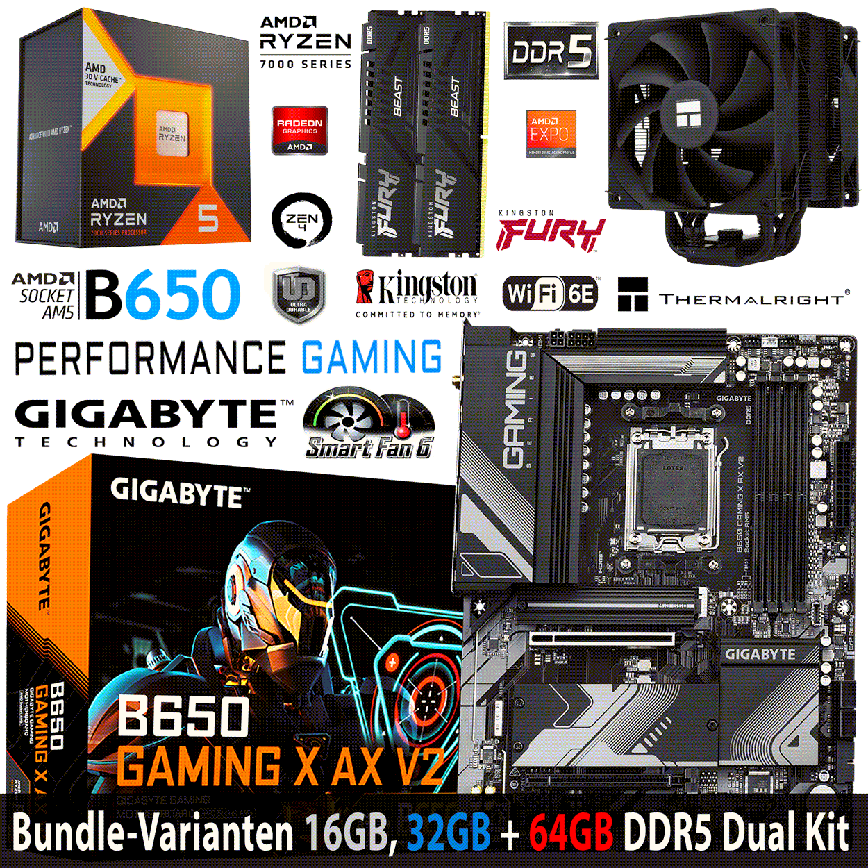 PC Bundle - AMD Ryzen 5 7600X3D - Gigabyte B650 GAMING X AX V2 - 16GB Kingston Fury Beast DDR5-6000 Kit