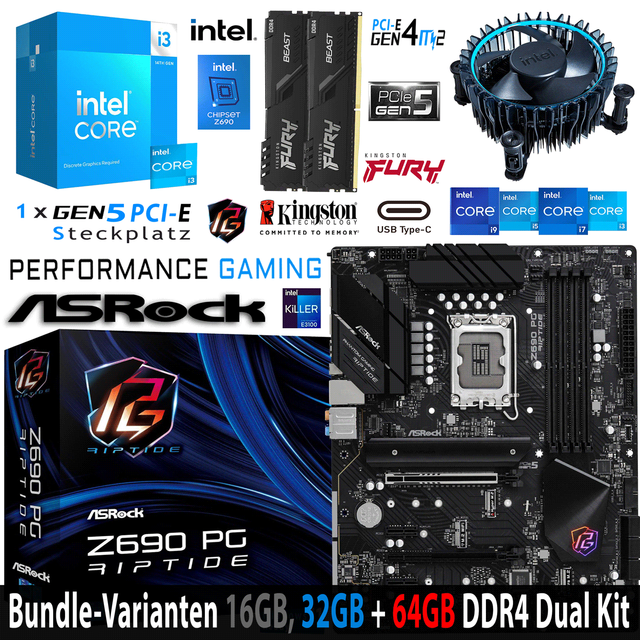 PC Bundle - Intel Core i3 14100F - ASRock Z690 PG Riptide DDR4 - 16GB Fury Beast DDR4-3200MHz Dual Kit