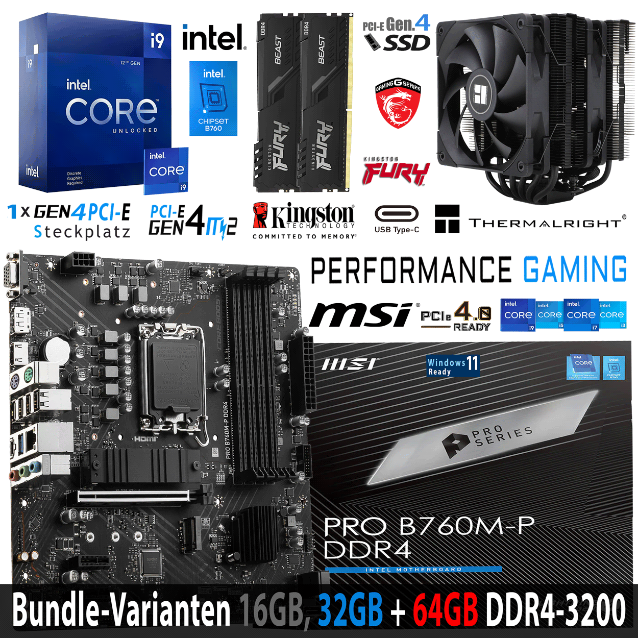 PC Bundle - Intel Core i9 12900KF - MSI PRO B760M-P DDR4 - 16GB Fury Beast DDR4-3200MHz Kit schwarz