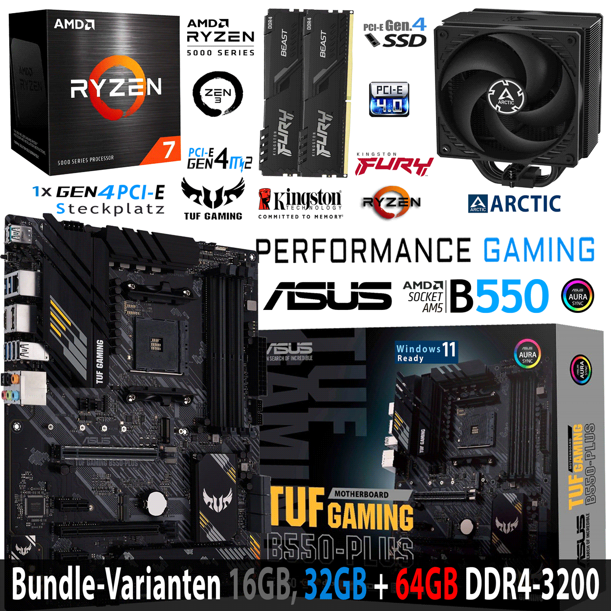 PC Bundle - AMD Ryzen 7 5700X - ASUS TUF GAMING B550-PLUS - 16GB DDR4-3200 Dual Kit schwarz