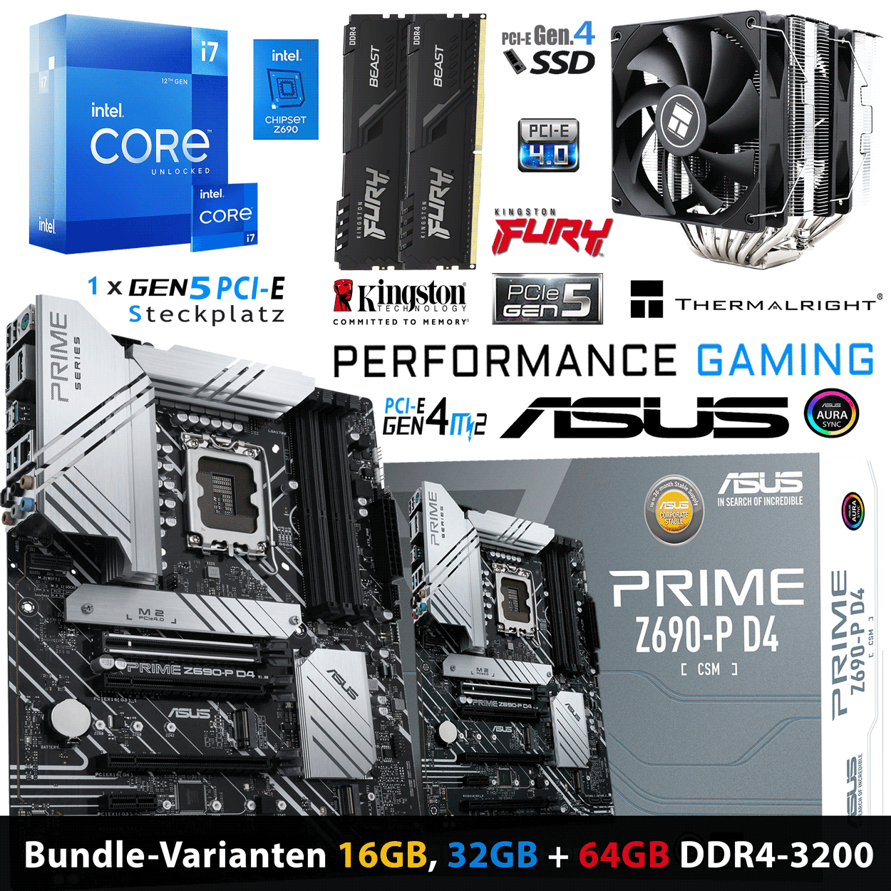 PC Bundle - Intel Core i7 12700K - ASUS PRIME Z690-P D4-CSM - 16GB DDR4-3200MHz RAM Kit schwarz