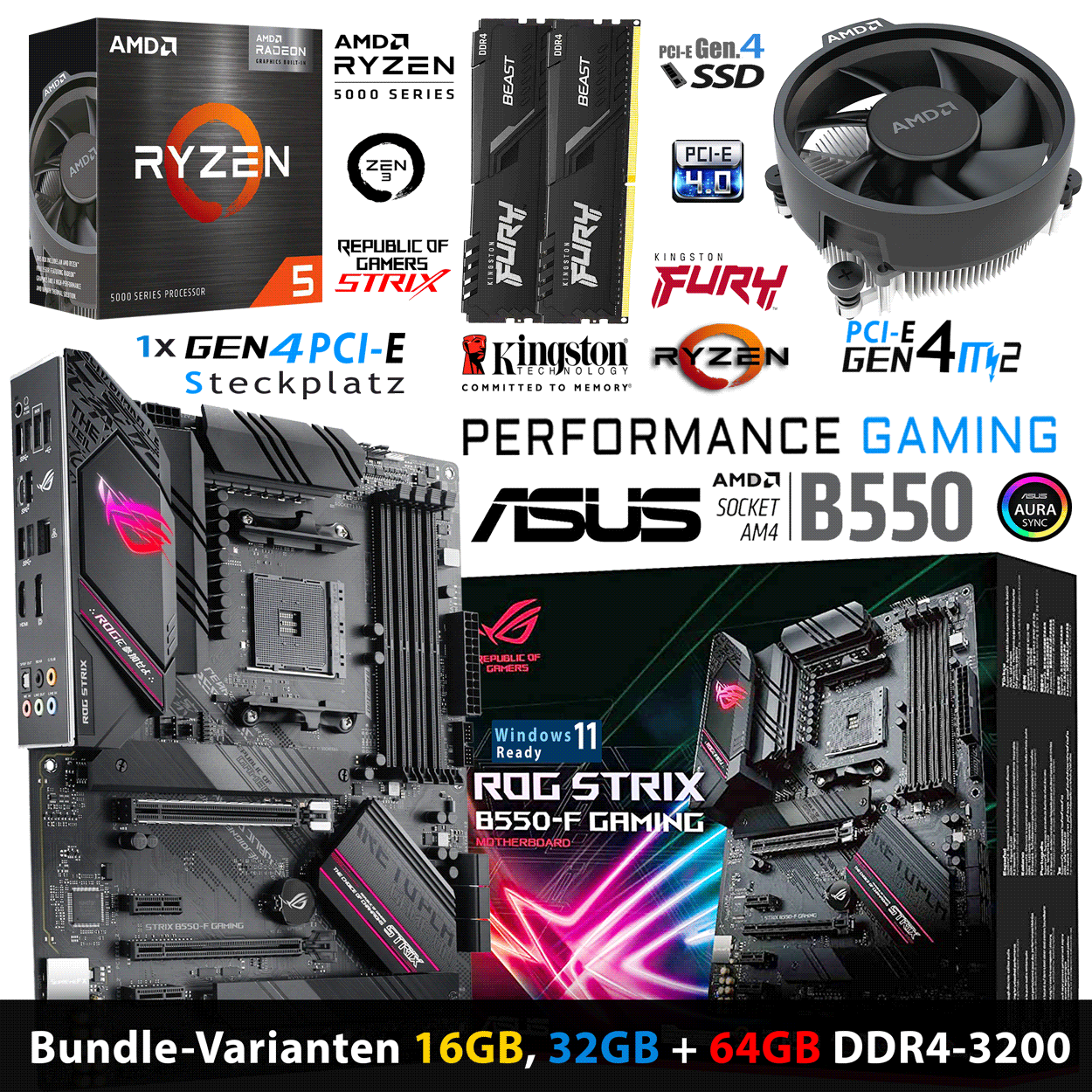 PC Bundle • AMD Ryzen 5 5600G • Asus Rog Strix B550-F Gaming • 16GB DDR4-3200 Dual Kit schwarz