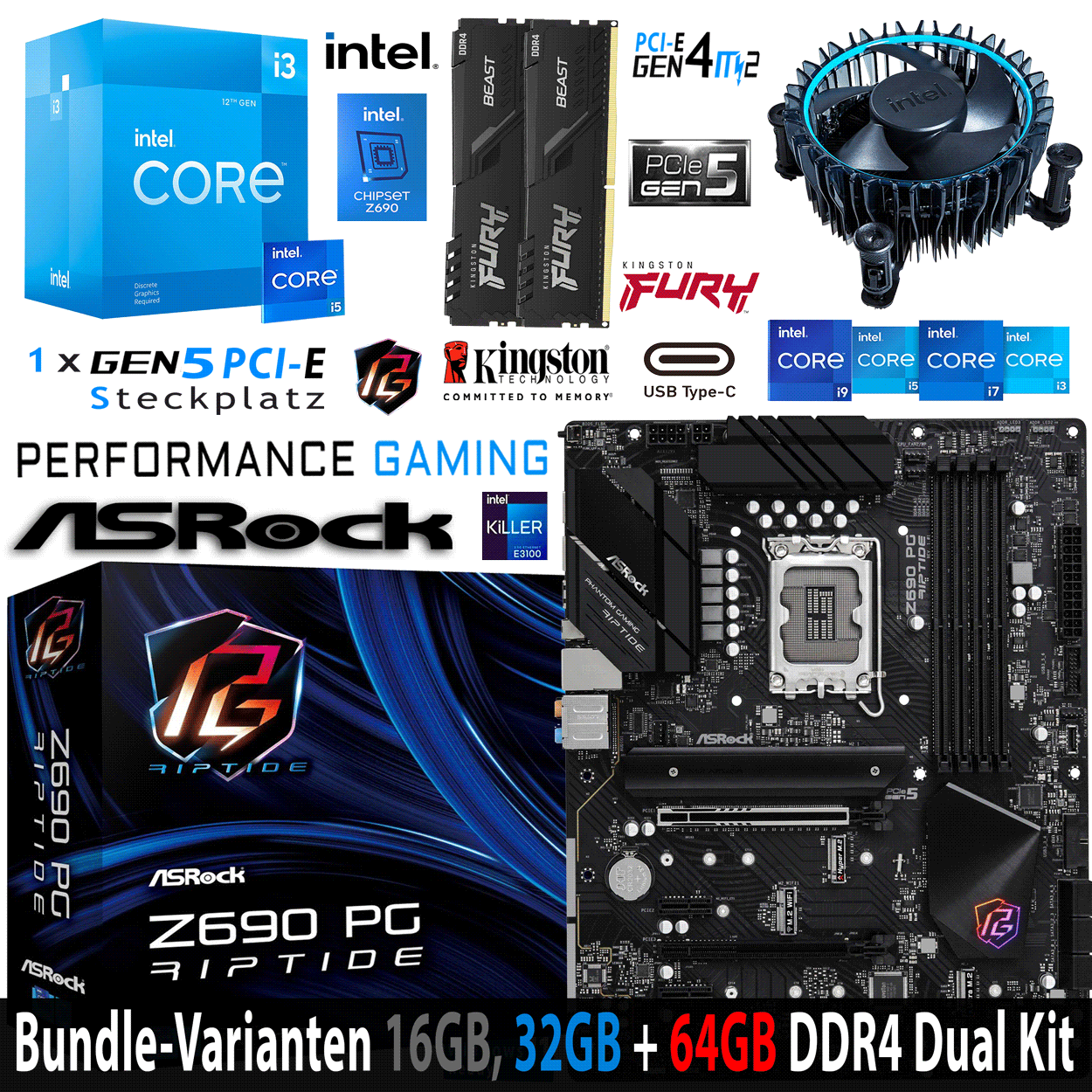 PC Bundle - Intel Core i3 12100F - ASRock Z690 PG Riptide DDR4 - 16GB Fury Beast DDR4-3200MHz RAM schwarz 