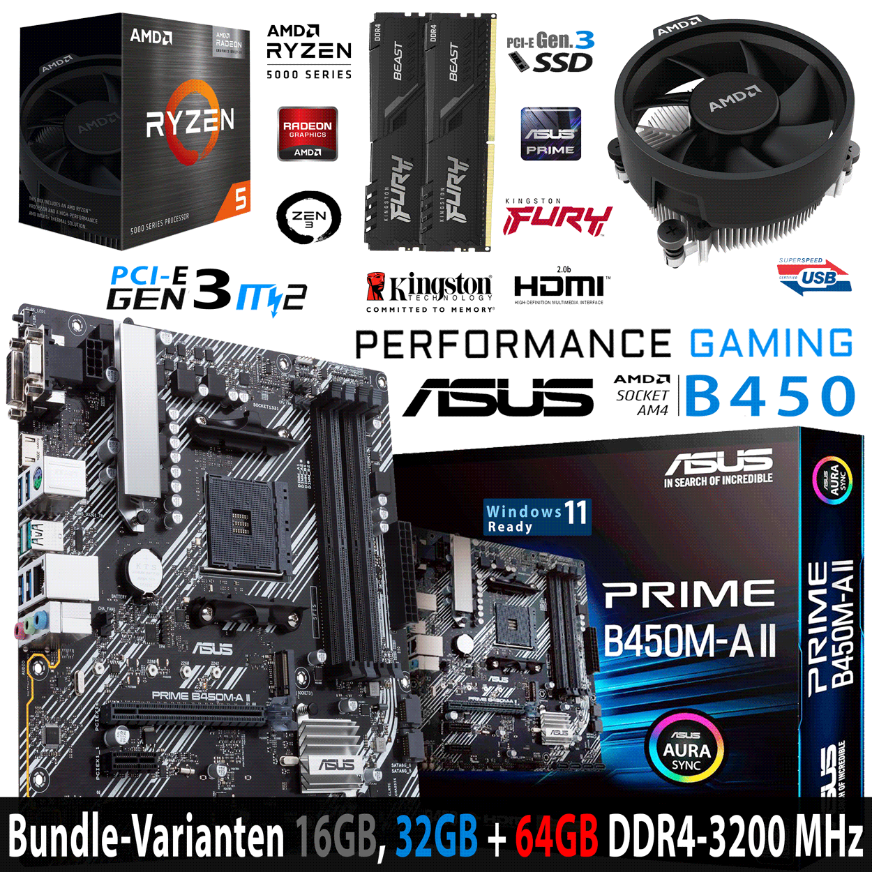 PC Bundle - AMD Ryzen 5 5600GT - ASUS Prime B450M-A II AM4 - 16GB DDR4-3200 Dual Kit schwarz