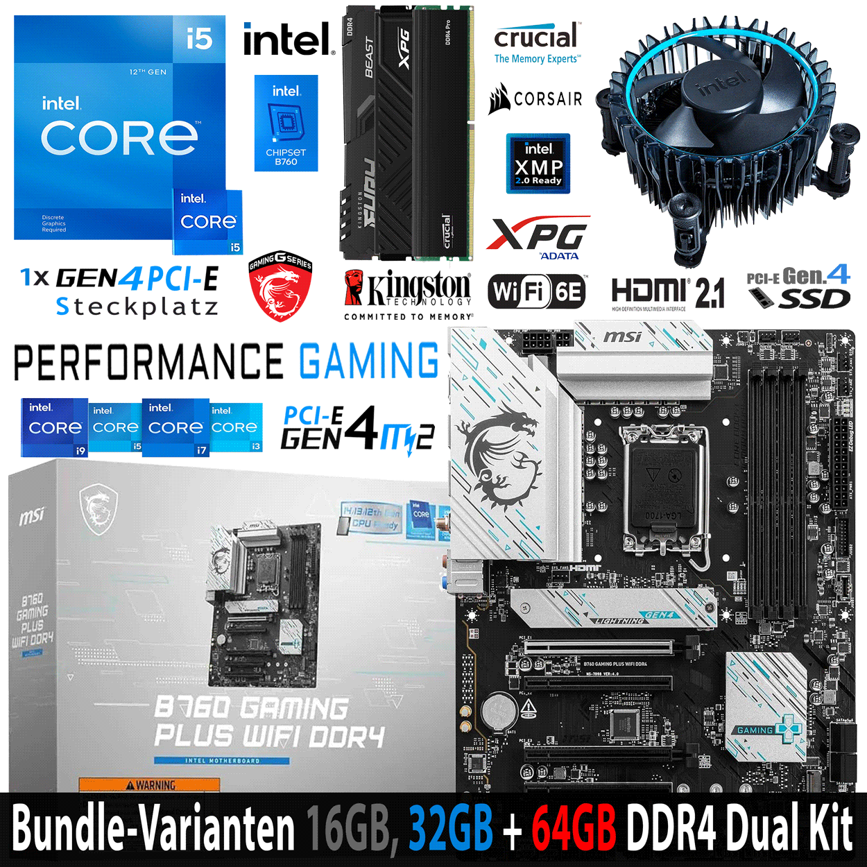PC Bundle - Intel Core i5 12400F - MSI B760 Gaming Plus Wifi DDR4 - 16GB Kingston Fury Beast DDR4-3200 Kit