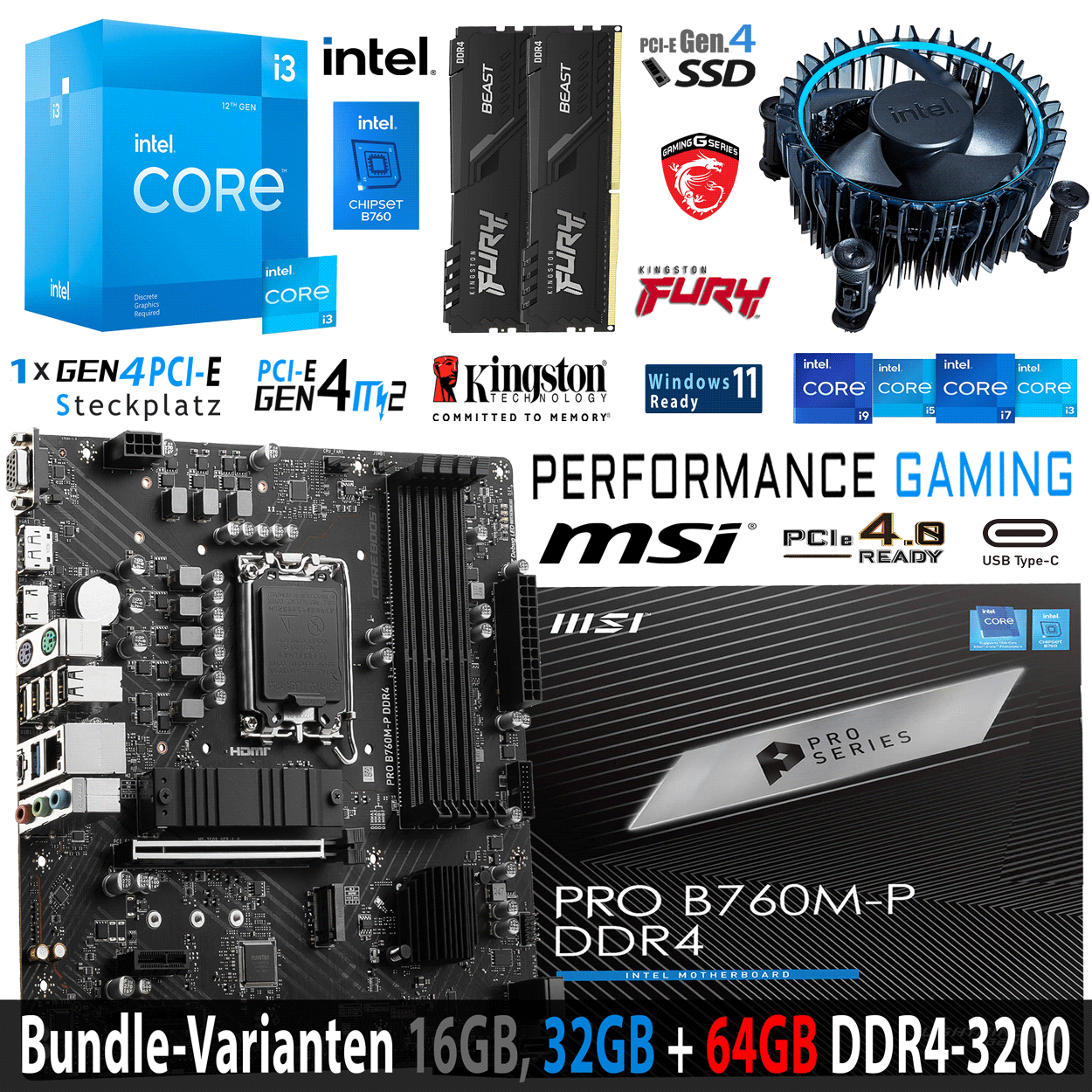 PC Bundle - Intel Core i3 12100F - MSI PRO B760M-P DDR4 - 16GB Fury Beast DDR4-3200MHz Kit schwarz