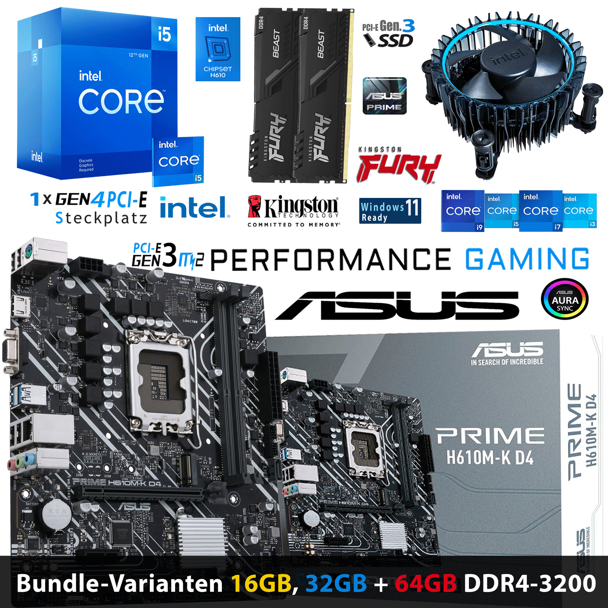 PC Bundle - Intel Core i5 12400F - ASUS Prime H610M-K D4 - 16GB Fury Beast DDR4-3200MHz Kit schwarz