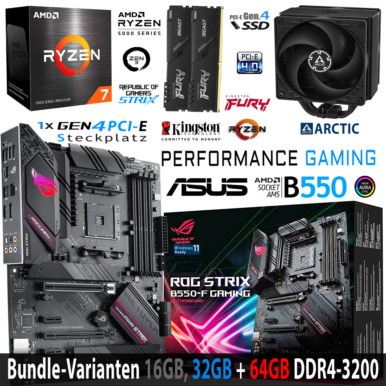PC Bundle - AMD Ryzen 7 5800X - Asus Rog Strix B550-F Gaming - 16GB DDR4-3200 DDR4 Dual Kit schwarz