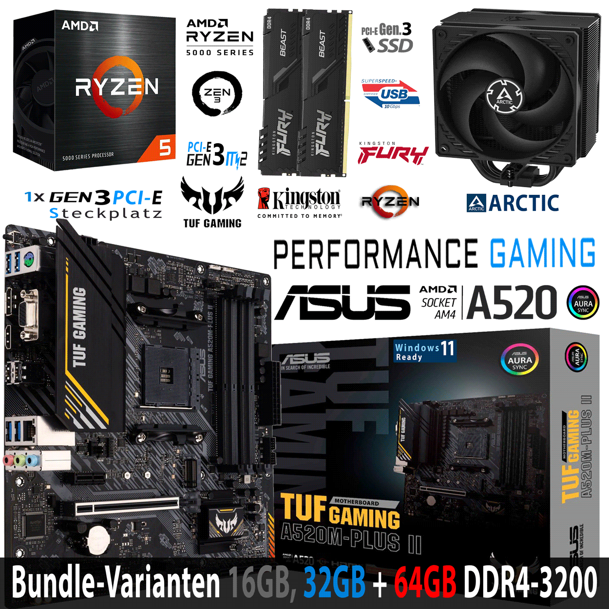 PC Bundle - AMD Ryzen 7 5800X - ASUS TUF GAMING A520M-PLUS II - 16GB DDR4-3200 Dual Kit schwarz PC Bundle - AMD Ryzen 7 5800X - ASUS TUF GAMING A520M-PLUS II - 16GB DDR4-3200 Dual Kit schwarz