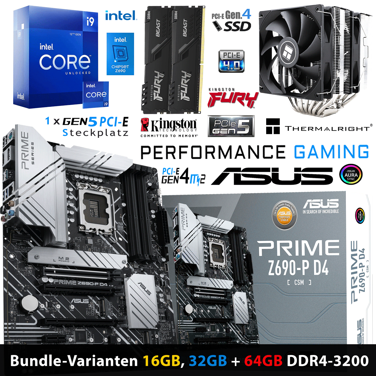 PC Bundle • Intel Core i9 12900K • ASUS PRIME Z690-P D4-CSM • 16GB Fury BeastDDR4-3200MHz Dual Kit schwarz