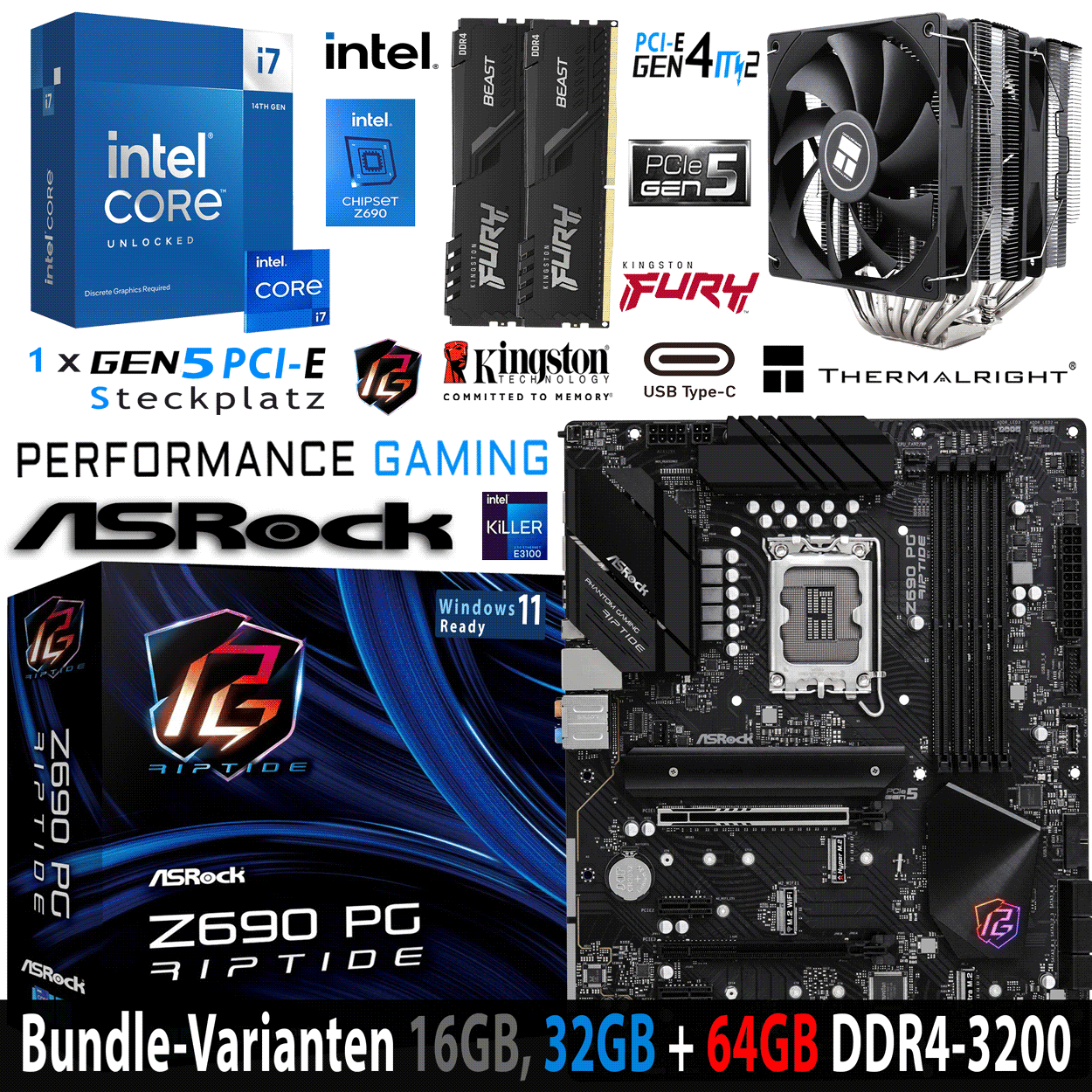 PC Bundle -  Intel Core i7 14700KF - ASRock Z690 PG Riptide DDR4 - 16GB Fury Beast DDR4-3200MHz Dual Kit