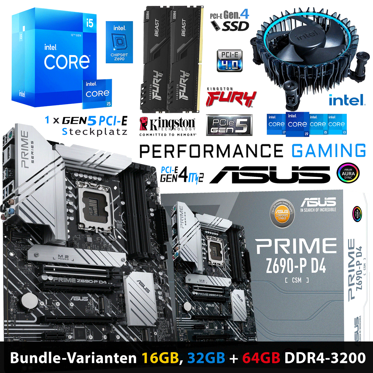 PC Bundle • Intel Core i5 12400 • ASUS PRIME Z690-P D4-CSM • 16GB Fury BeastDDR4-3200MHz RAM schwarz