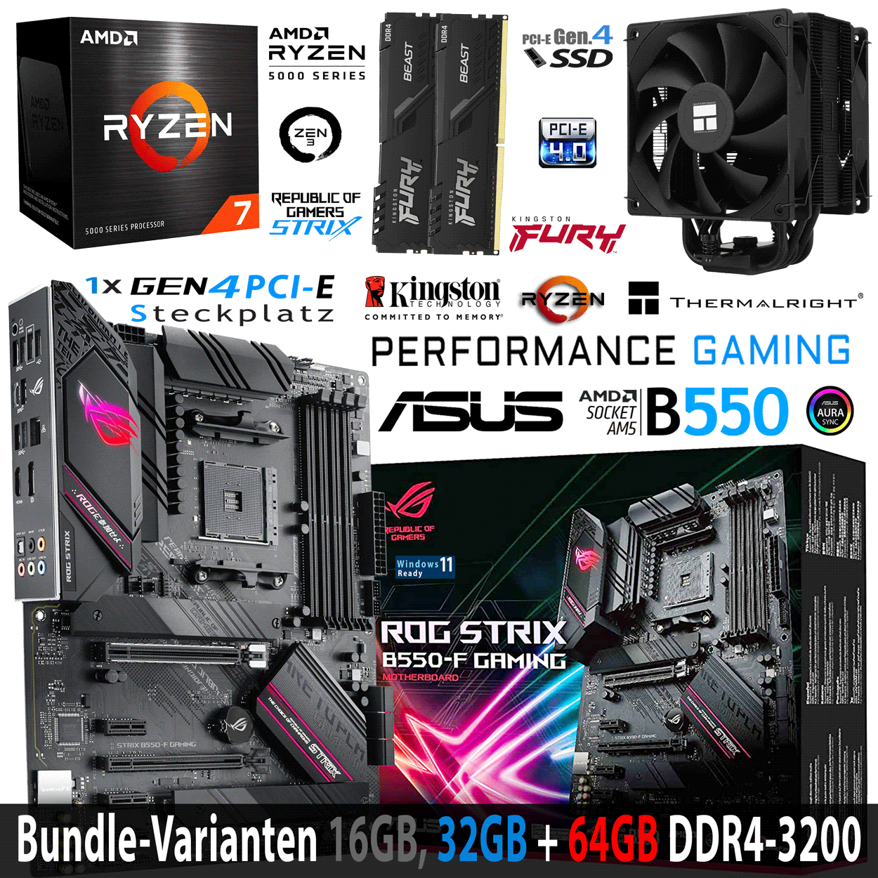 PC Bundle • AMD Ryzen 7 5700X • Asus Rog Strix B550-F Gaming • 16GB DDR4-3200 DDR4 Dual Kit schwarz