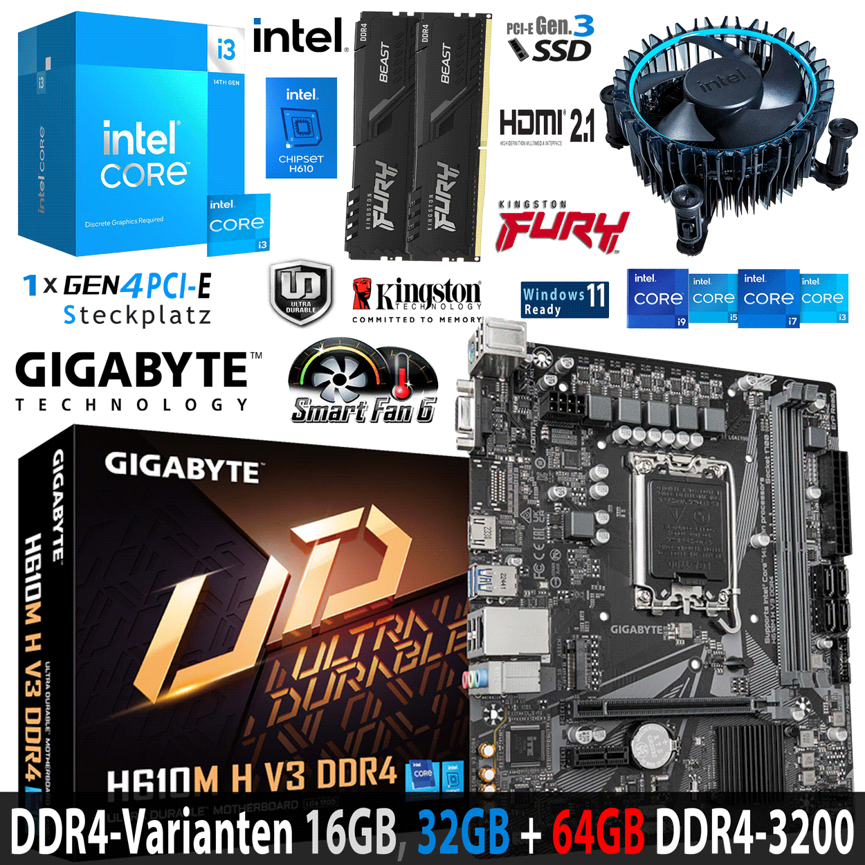 PC Bundle - Intel Core i3 14100F - Gigabyte H610M H V3 DDR4 - 16GB Fury Beast DDR4-3200MHz Kit schwarz