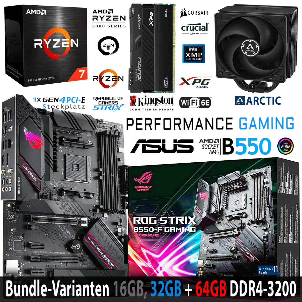PC Bundle - AMD Ryzen 7 5800X - Asus Rog Strix B550-F Gaming - 16GB DDR4-3200 DDR4 Dual Kit schwarz