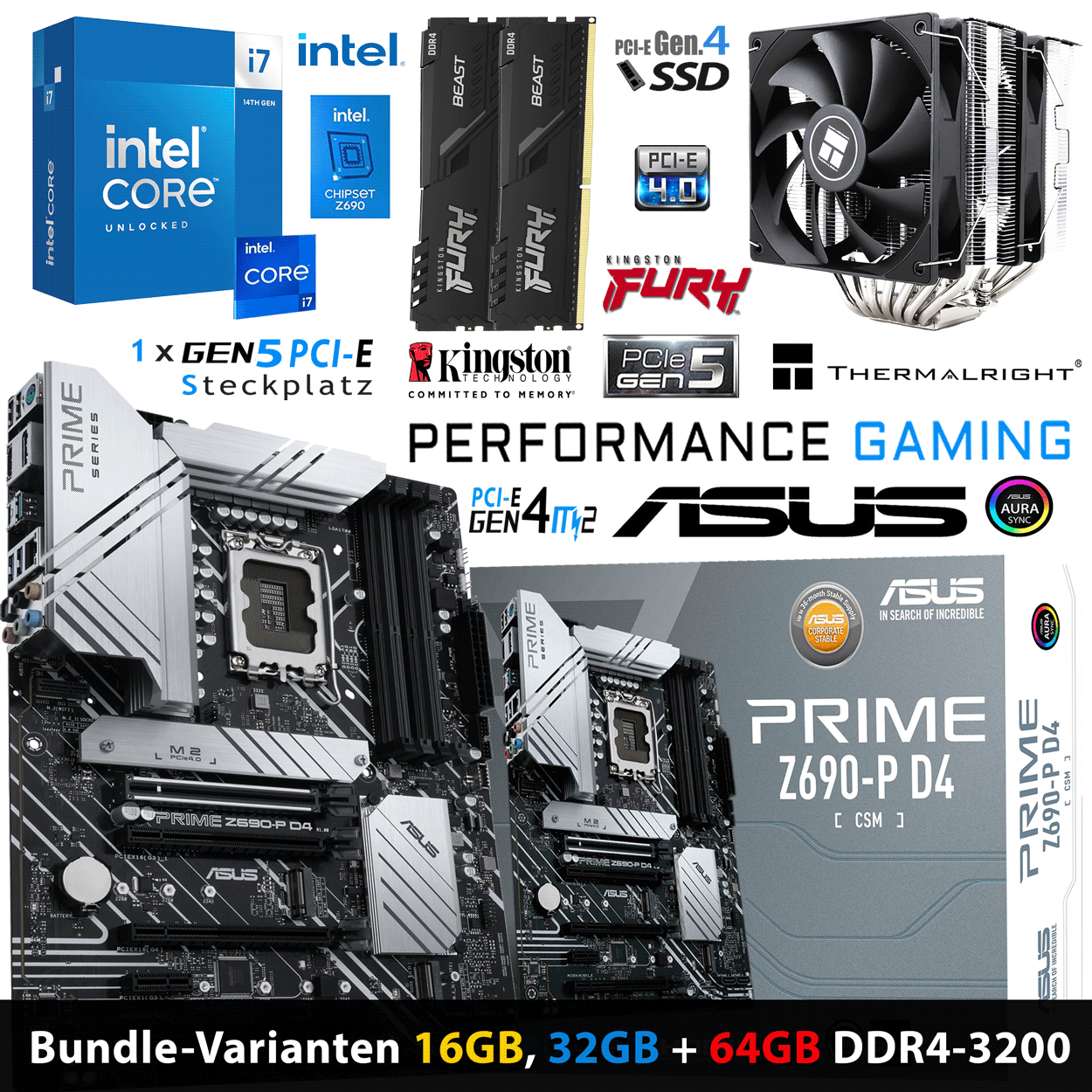 PC Bundle - Intel Core i7 14700K - ASUS PRIME Z690-P D4-CSM - 16GB Fury Beast DDR4-3200MHz Dual Kit schwarz